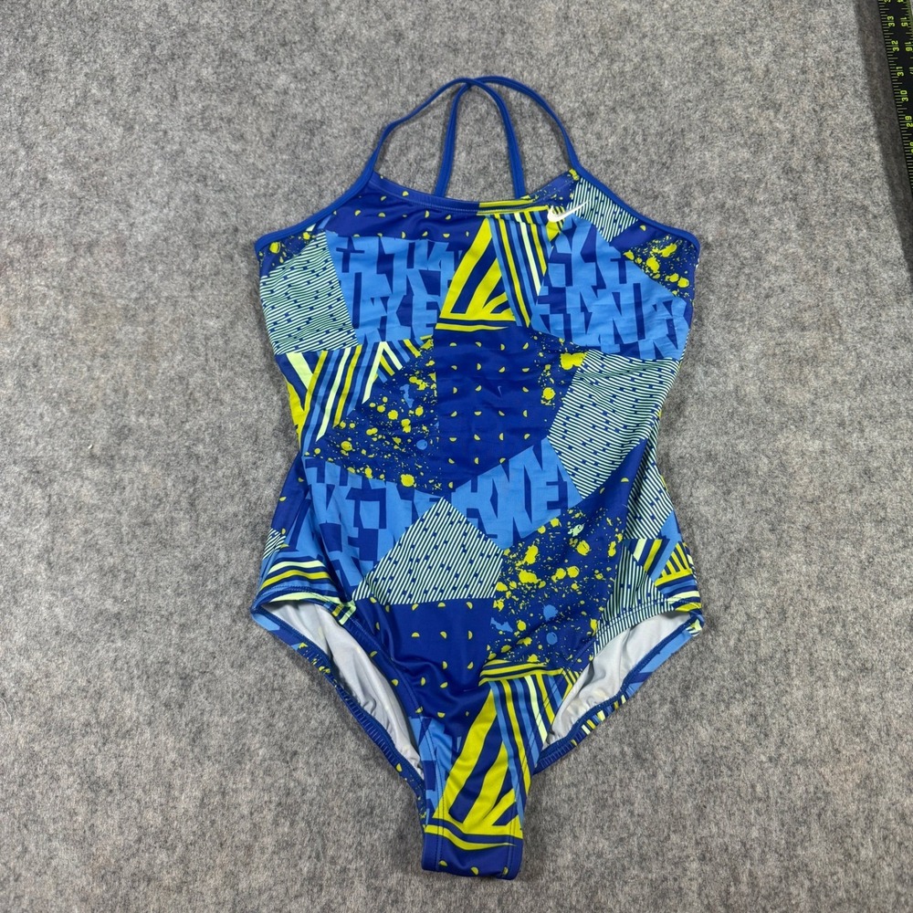 Nike Girls Blue Yellow Geometric Splatter One Piece Swimsuit Size L 12-13 YRS